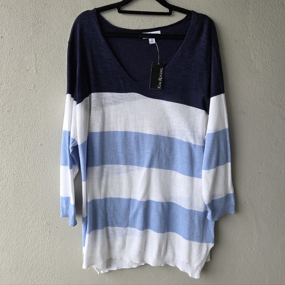 Kim Rogers Thin Lightweight V-Neck Striped Sweater 1X 2X NWT
